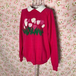 Vintage 80s grandma sweatshirt Morning Sun bright pink white floral puff paint
